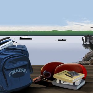 Summer University 2018 poster art depicting backpack and books by the ocean