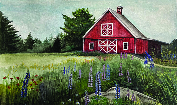 Summer University 2021 image depicting a red barn with lupines in the foreground