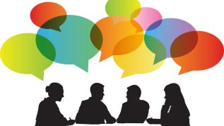 silhouettes of four people meeting with multi-colored talking bubbles above