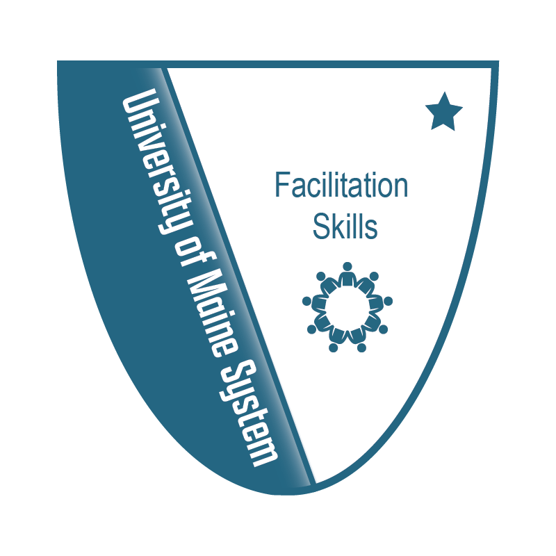 A logo representing a digital badge, illustrated with simplified silhouettes of people seated in a circle. One star in the upper corner indicates it is for Level 1 of the program. The logo text states "University of Maine System Facilitation Skills."