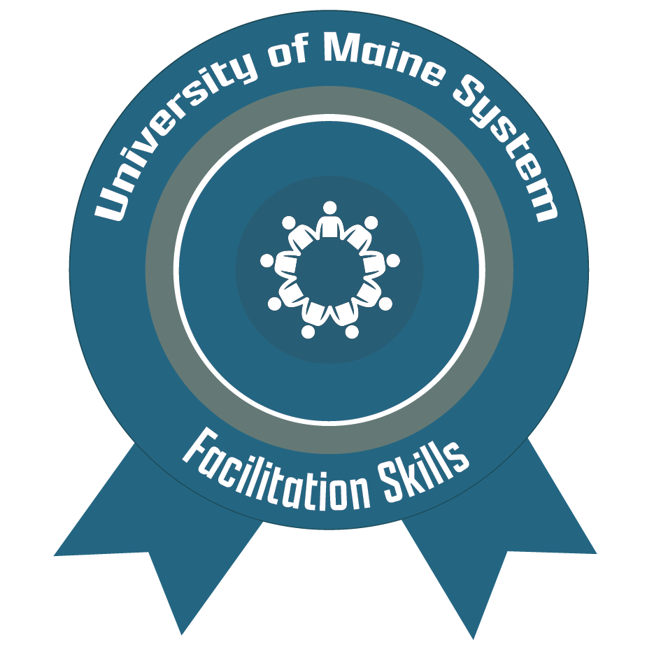 A logo representing a digital badge, illustrated with simplified silhouettes of people seated in a circle. The logo text states "University of Maine System Facilitation Skills."