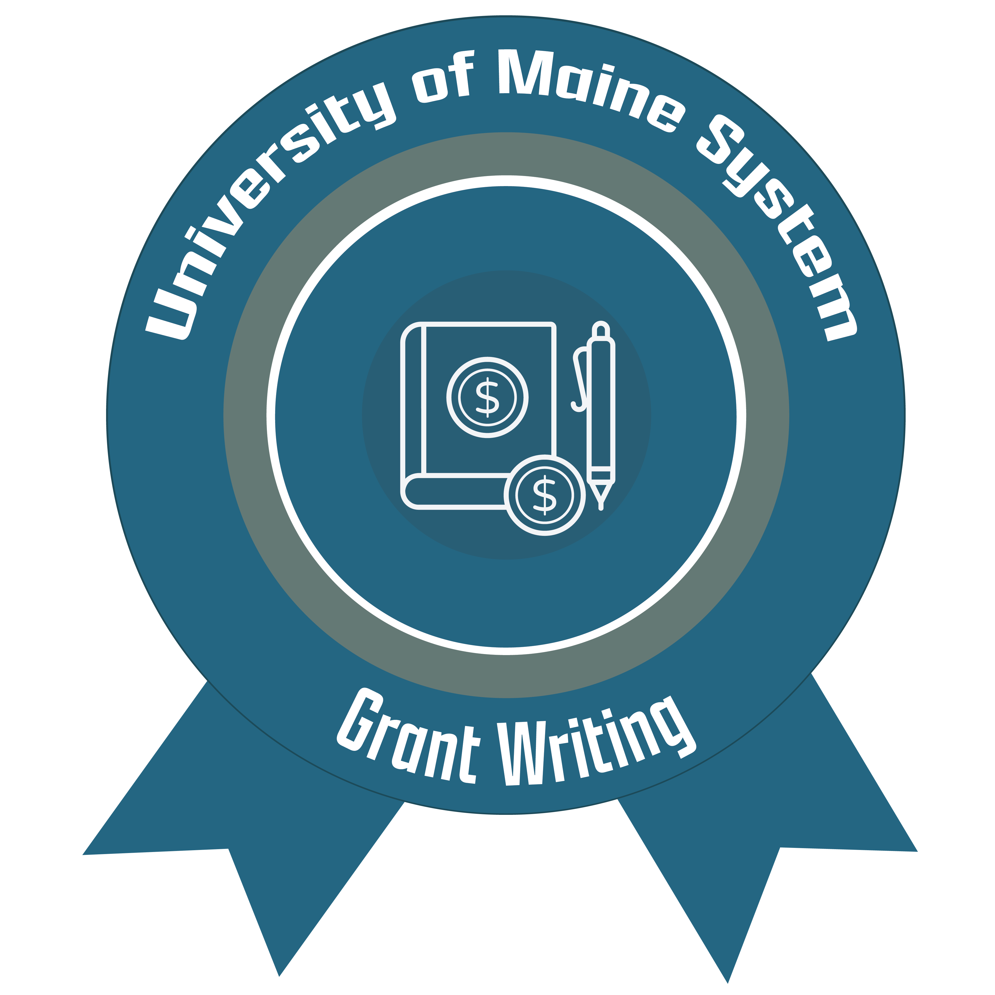 A logo representing a digital badge, illustrated with a line drawing of a book, a pen, and coin shapes. The logo text states "University of Maine System Grant Writing."